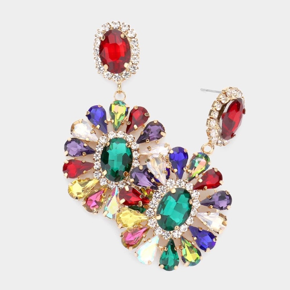 Gold Multicolor Oval Stone Centered Teardrop Cluster Evening Earrings
